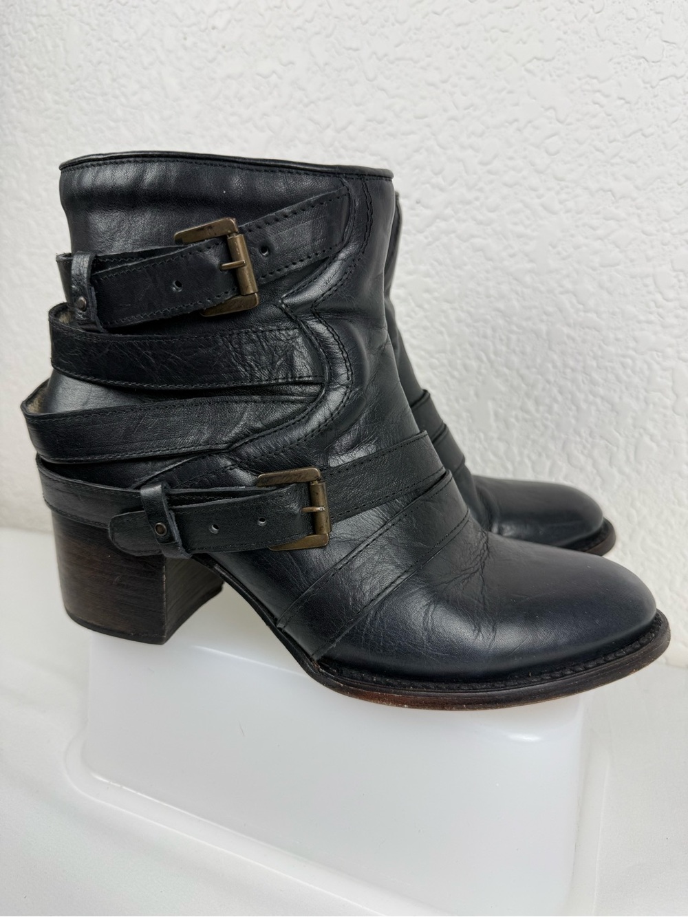 Freebird by Steven | Ester | Black Leather Harness Moto Booties | Women's 9